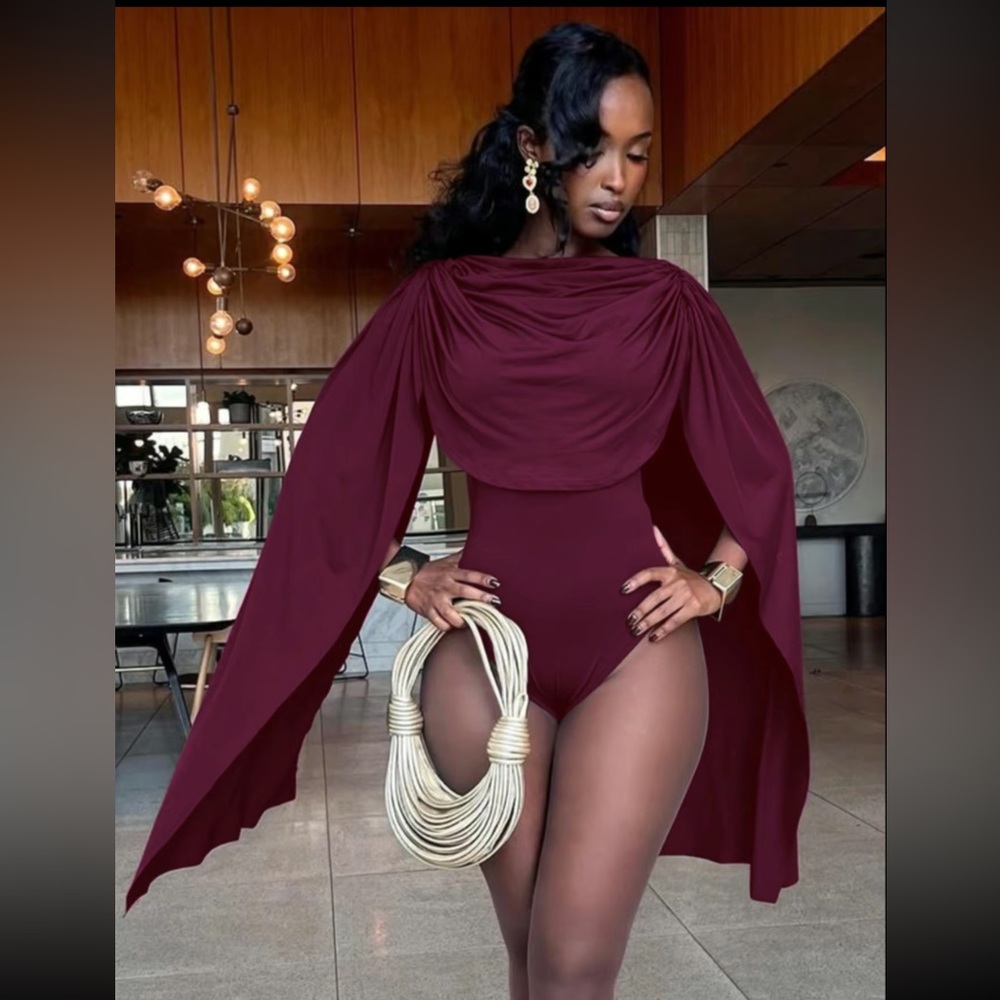 Elegant Burgundy Cape Bodysuit